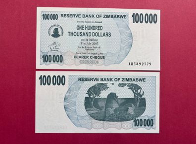 Zimbabwe  One Hundred Thousand  Dollars.  VERIFIED UNDER UV LIGHT .  ( Uncirculated )2006 Pick 48a.
