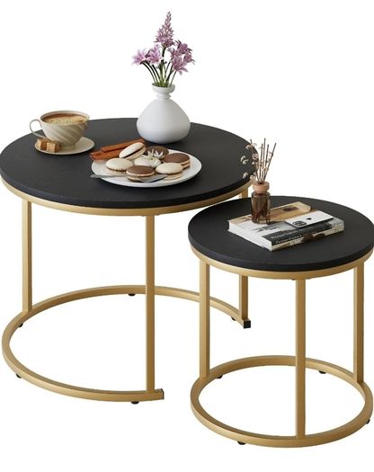 Set of 2 End Table, Nesting Tables, Side Table  Metal Gold Frame for Living Room/Bedroom/Balcony/Office/Apartment, Diameter 23.6/15.7 IN, Black Top, Prevent right angles