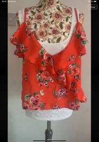 cami coral red floral top with cold shoulder detail size 14