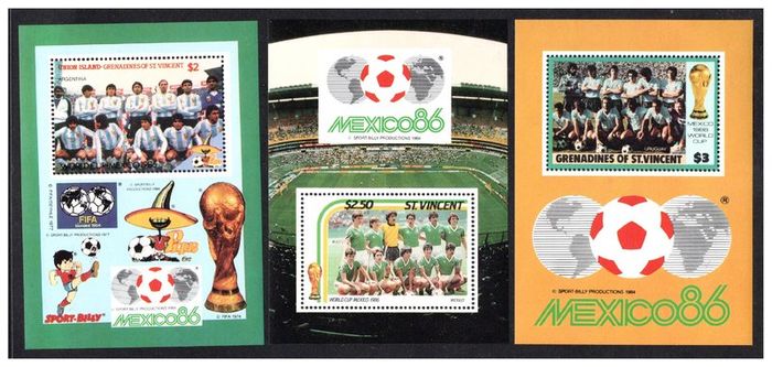 1986 St Vincent 6 Miniature sheet (Argentina, Portugal, Mexico, Russia, Spain, Uruguay) featuring teams for Mexico Football (FIFA) World Cup 86