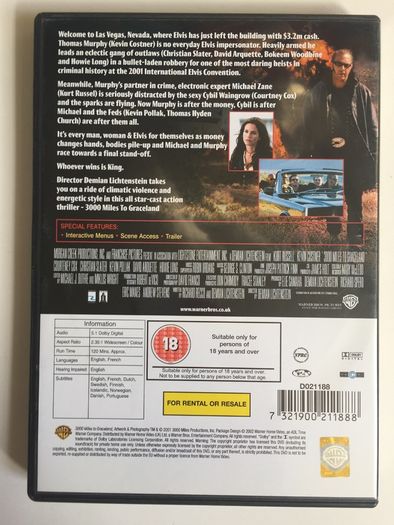 3000 Miles To Graceland [2001] Kurt Russell, Kevin Costner, Courteney Cox, David Arquette, Bokeem Woodbine, Christian Slater, Kevin Pollak & Daisy McCrackin [Movie DVD]