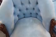 2 blue velvet buttoned armchairs with twisted wooden legs immaculate condition