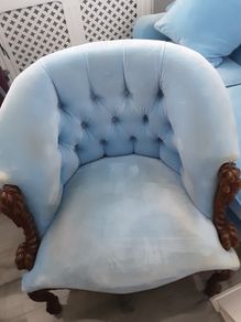 2 blue velvet buttoned armchairs with twisted wooden legs immaculate condition