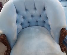 2 blue velvet buttoned armchairs with twisted wooden legs immaculate condition