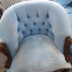 2 blue velvet buttoned armchairs with twisted wooden legs immaculate condition
