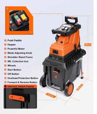 BRAND NEW Electric Plant Shredder 2800W Plant Branch Shredder 45MM Max Cutting Diameter 55L Garden Shredder with Wheels and Push Rod