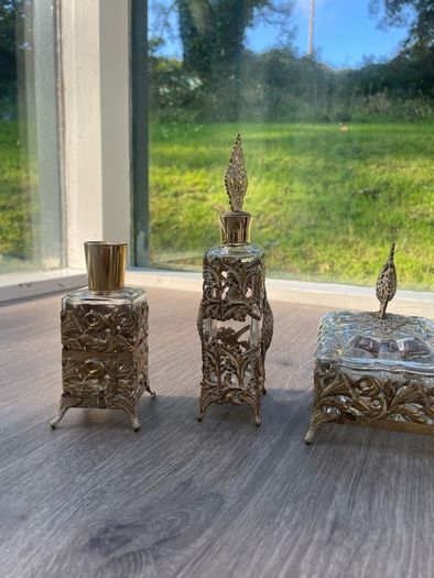 Vintage Ornate Glass and Filigree Metal Dressing Table Vanity Set, 3Piece
