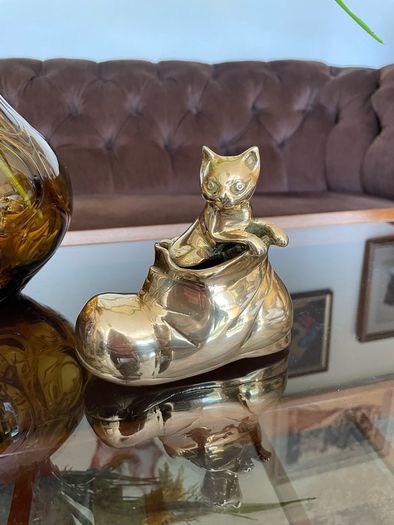 Vintage MCM Solid Brass Small Kitty Cat in a Boot Whimsical Sculpture