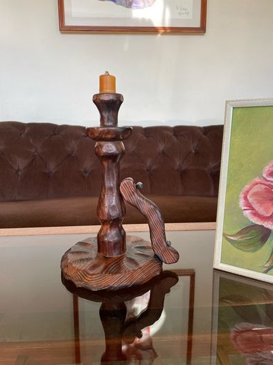 Primitive Candle Stick Antique Style Wood with Iron Tacks