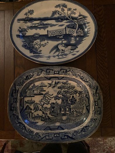 2 Antique blue and white platters