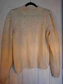 Cream Cardigan with pearls , like new, size L