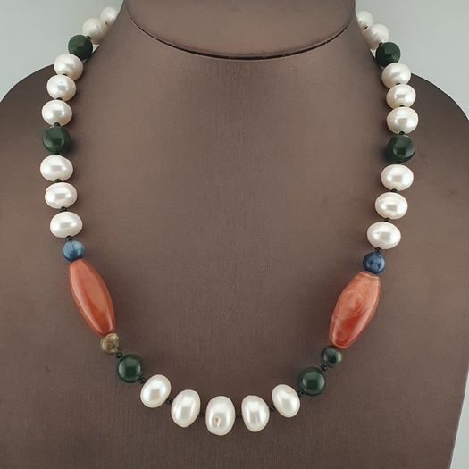 Authentic Freshwater Pearl Necklace with African Carnelian & Jade Beads