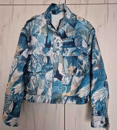 Bird print blue bomber jacket