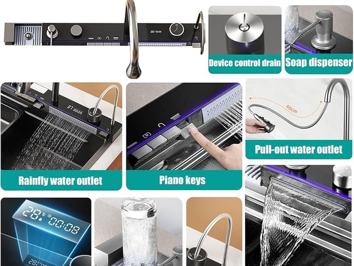 Kitchen Sink with Integrated Pull-Out Faucet 304 Stainless Steel Waterfall Kitchen Sink with Multiple Accessories