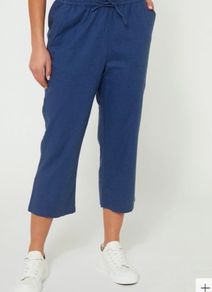 Navy Linen Mix Cropped Trousers