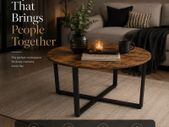 Round Coffee Table Industrial Living Room Table Rustic Brown Black 88 cm