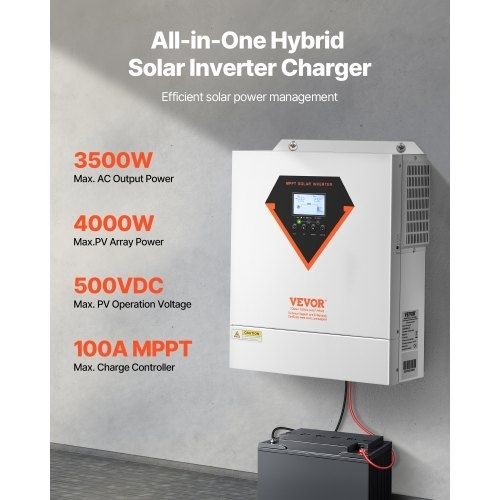 Hybrid Solar Inverter, 3500W, All in One Pure Sine Wave Power Inverter Charger, 24V DC to 220/230V AC, with Built-in 100A MPPT Solar Controller, for Off-Grid System Lead Acid Lithium Battery