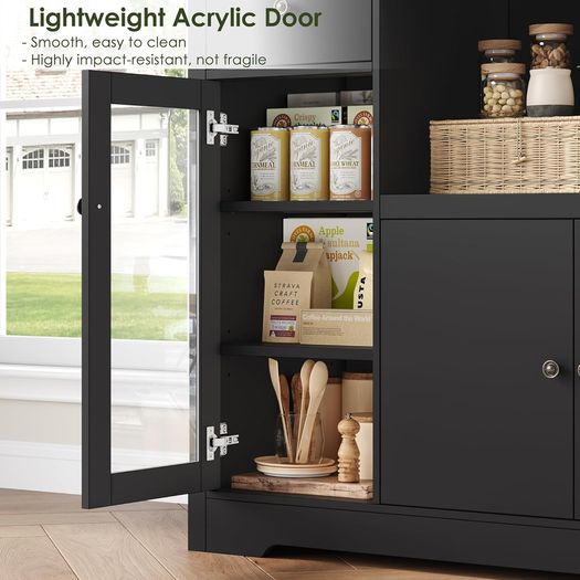 Kitchen Cabinet with Worktop, Sideboard Kitchen with Microwave Shelf, Buffet Cabinet with 1 Drawer, 3 Doors, Adjustable Shelves, for Kitchen, Dining Room, Living Room, Black