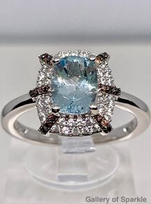 Aquamarine, White Zircon Coffee Zircon Ring in Rhodium Overlay Sterling Silver