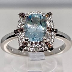 Aquamarine, White Zircon Coffee Zircon Ring in Rhodium Overlay Sterling Silver
