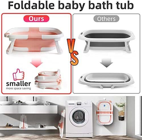 Baby Bath Tub Foldable Bathtub, Newborn Baby Plastic Bathtub with cushion pad Foldable Anti-Slip legs Collapsible tub for Toddler Baby kids Bathing