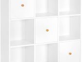 _bookcase, office cabinet, bookshelf, standing shelf with 3 doors, with 9 cubes, for office, study, living room, children's room, modern, white