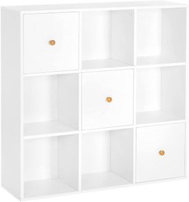 _bookcase, office cabinet, bookshelf, standing shelf with 3 doors, with 9 cubes, for office, study, living room, children's room, modern, white