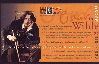 2000 Ireland London Stamp Show 2000 logo incorporated in margin of Oscar Wilde Miniature Sheet Mint Never Hinged (MNH)