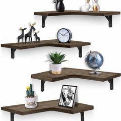 Corner Floating Shelves Wall Mounted Set of 4, Rustic Wood Wall Storage Shelves for Living Room, Bedroom, Bathroom, Kitchen, Office, and More