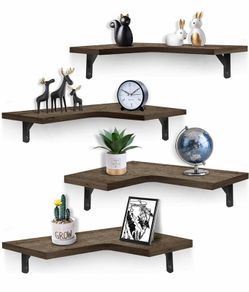 Corner Floating Shelves Wall Mounted Set of 4, Rustic Wood Wall Storage Shelves for Living Room, Bedroom, Bathroom, Kitchen, Office, and More