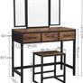_Dressing Table, Makeup Desk with 1 Stool, Tri-Fold Mirror and 3 Drawers, Steel Frame, Industrial Design, Vintage Brown/Black Image 4