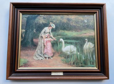 Framed Vintage Print Feeding the Swans by G. H. Smales