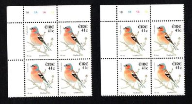2002-04 Ireland Tenth Definitive series Birds 41c Chaffinch Plate Block 1A1A1A1A & 1B1B1B1B Mint Never Hinged (MNH)
