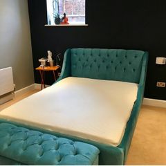 King size bed frame with an external Ottoman. Great condition. No damages, as per the images. Beautifully made and soft in touch. Frame only without mattress. Purchased back in 2021 in Arnotts