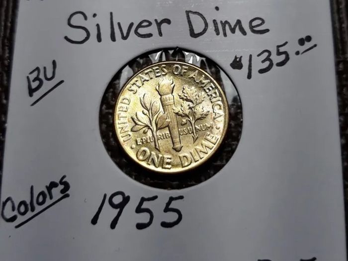 Rainbow Toned Gold Color Silver Coin 1955    Roosevelt  Dime
