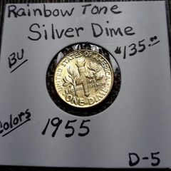Rainbow Toned Gold Color Silver Coin 1955    Roosevelt  Dime
