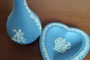 Vintage Wedgwood blue jasper stoneware two-piece set of vases and trifle saucers.