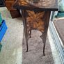 Antique Art Nouveau Table features intricate Pyrogravure Poker Work design around 1900 and arched supports Image 4