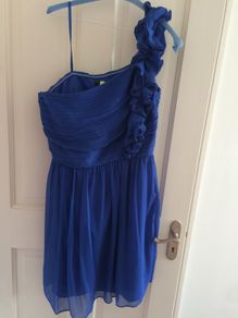 Royal blue chiffon one shoulder dress with ruffle - knee length