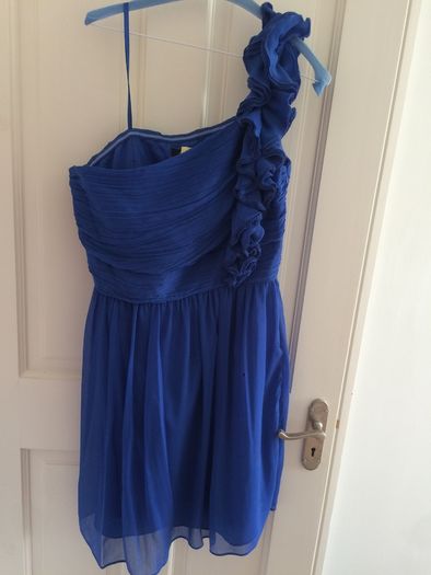 Royal blue chiffon one shoulder dress with ruffle - knee length