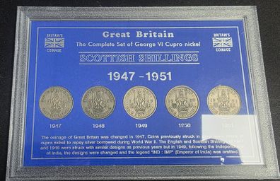 1947-1951 Scottish Shillings of George VI Coin Type Collector Display Case Set