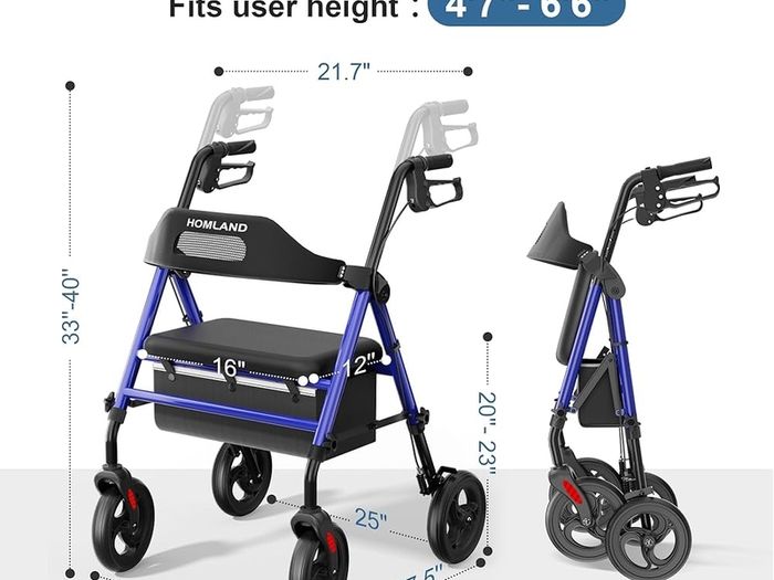 Foldable Rollator Walkers with Seat for Seniors, 8'' Big Wheels, 350 lb. Weight Capacity, Adjustable Handles and Seat Height, Lightweight Rolling Walker, Blue