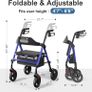 Foldable Rollator Walkers with Seat for Seniors, 8'' Big Wheels, 350 lb. Weight Capacity, Adjustable Handles and Seat Height, Lightweight Rolling Walker, Blue Image 5
