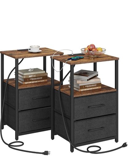 Bedside Table with Charging Station, Side Table with 2 USB Ports and Outlets, Nightstand with Cloth Drawer, Set of 2, End Table, Brown and Black