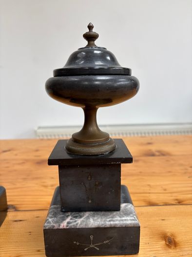 Matching pair of antique marble, slate and brass ornaments.