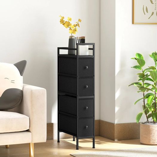 4 Drawer Fabric Dresser Chest of Drawers, Slim Storage Cabinet with Steel Frame for Small Spaces, Bedroom, Black4 Drawer Fabric Dresser Chest of Drawers, Slim Storage Cabinet with Steel Frame for Small Spaces, Bedroom, Black