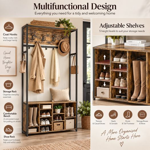 Industrial Coat Rack with Shoe Bench, Storage Shelves & Hooks 100cm Hallway Unit