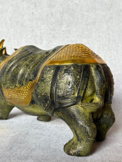 Vintage Chinese Rhinoceros (42cm/7kg) - Bronze With Gilt Accents, Stamped