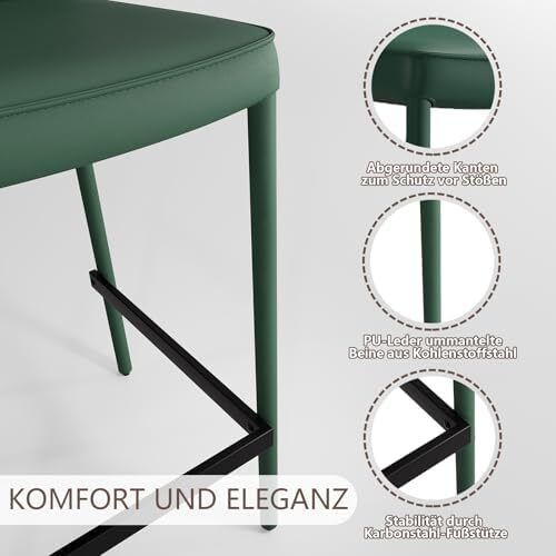 Single Bar Stool, Full Leather Bar Chairs, Kitchen Chairs with Backrest, Counter Stool, Bistro Stool with Footrest, Metal Frame, for Kitchen, Living Room, Bar, Retro, Dark Green