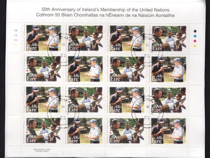 2005 Ireland 50th Anniversary of the Ireland's Membership of the United Nations Commemorative Stamp Sheetlet Plate 1A1A1A1A Fine CDS Used with Dublin cancel of 14th October 2005 (First day of issue) on envelope extract.